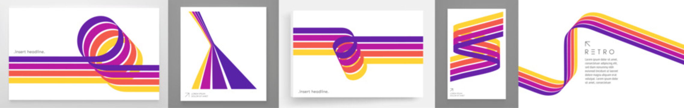 A retro 1970s-style background. Colorful stripes. Abstract curved ribbons form a loop. Dynamic lines. Space for text. Cover design template. Vector for brochure, poster, cover, card or presentation.