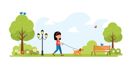 Naklejka premium Peaceful park scene illustrates a young girl walking her dog on a leash along a path with trees, flowers, and singing birds in the sky.