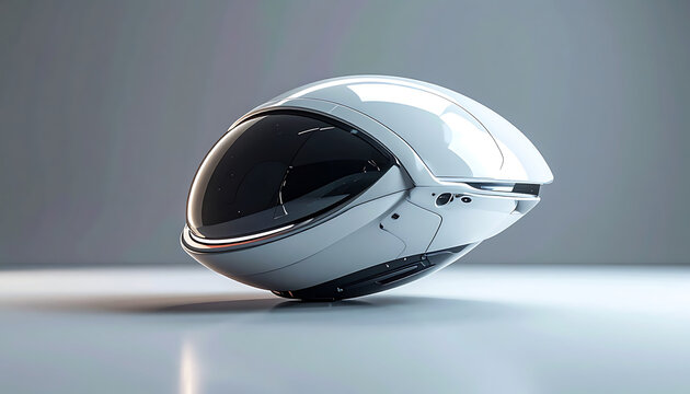 Futuristic white helmet with a dark visor on a reflective surface, sci-fi or space exploration gear, sleek design, conceptual technology