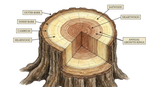 Detailed Cross-Sectional Diagram of a Tree Trunk with Labeled Parts.