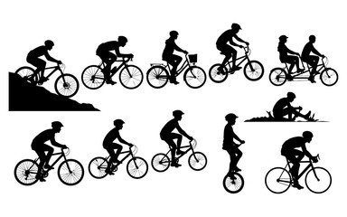 Obraz premium Silhouettes of people riding bicycles in various poses and settings