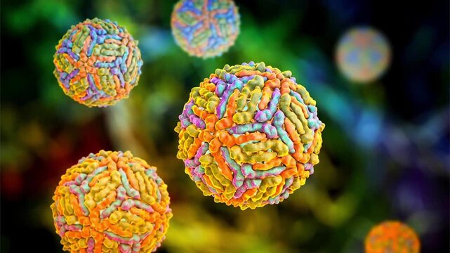 West Nile virus particles, 3D animation showing slowly rotating enveloped flavivirus virions, illustrating mosquito-borne viral infection.