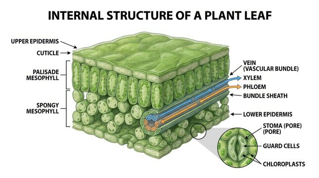 Detailed Diagram of Internal Structure of a Plant Leaf with Labeled Parts.