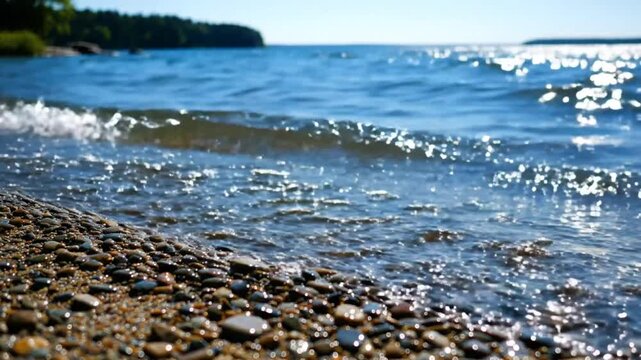 Waves gently lapping at the shore of a pebble beach on a bright sunny day, creating a calming coastal scene.