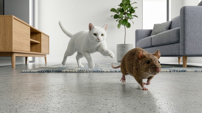white domestic cat chasing a mouse indoors