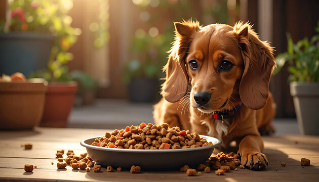 Cute brown dog with floppy ears looking longingly at a bowl of kibble on a wooden deck, surrounded by potted plants and bathed in warm sunlight, suggesting a moment of anticipation for mealtime