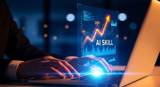 Business person typing on laptop with AI skill hologram, modern office setting, night time