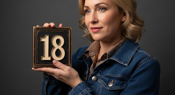 Woman holding a sign with the number eighteen in her hands eighteen birthday anniversary portrait celebration milestone positive