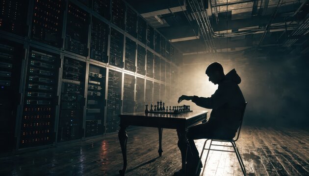 Silhouette of a person playing chess in a dark server room with a dramatic low angle shot.