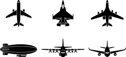 Airplane and aircraft black glyph icons vector collection set including commercial airliner military fighter jet propeller cargo plane and zeppelin blimp © ShuvoStock