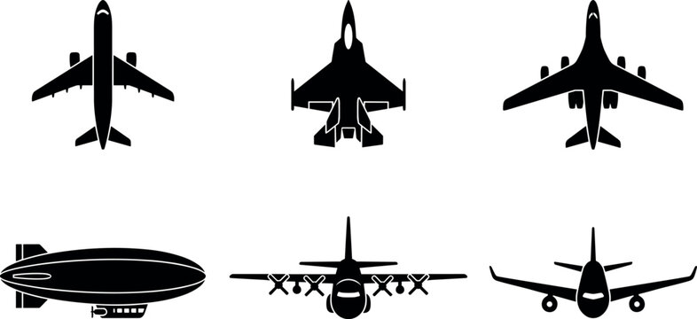 Airplane and aircraft black glyph icons vector collection set including commercial airliner military fighter jet propeller cargo plane and zeppelin blimp
