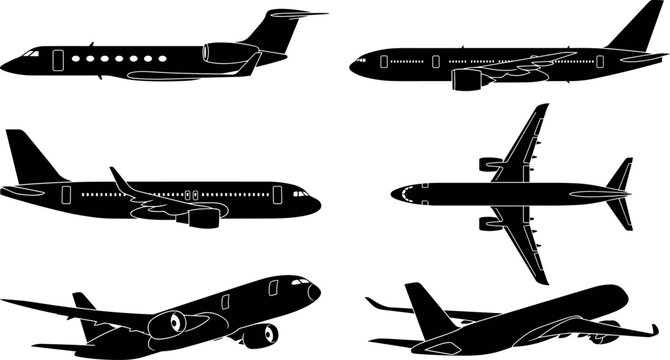 Commercial airplane and private jet black glyph silhouettes vector collection set featuring passenger aircraft flying in various angles side view and top view