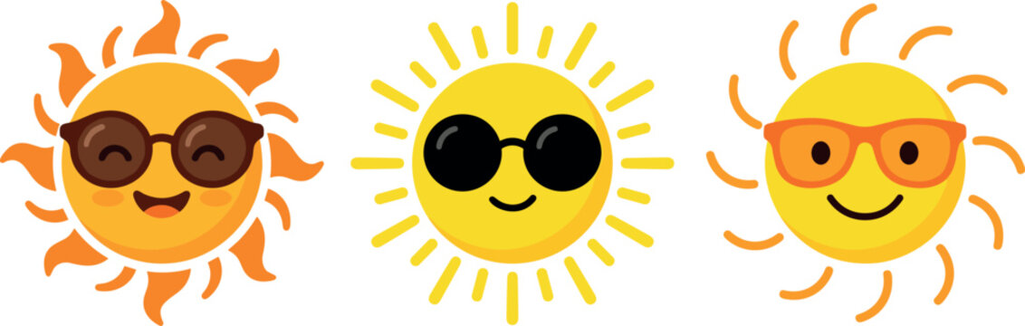Cute summer sun cartoon character vector set wearing sunglasses with smiling faces for hot weather, tropical vacation, and sunny day concepts.
