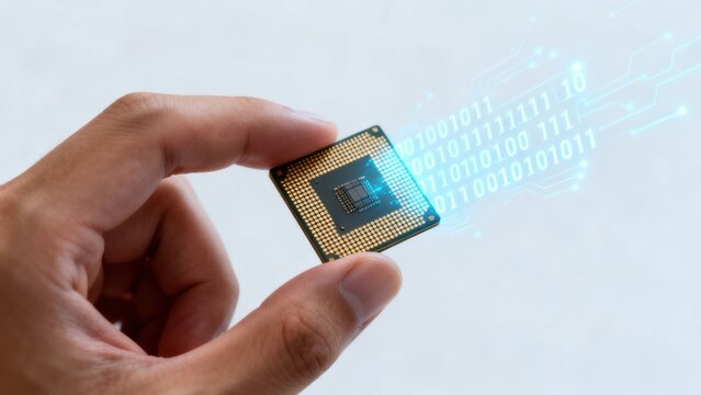 Hand holding microchip with binary code