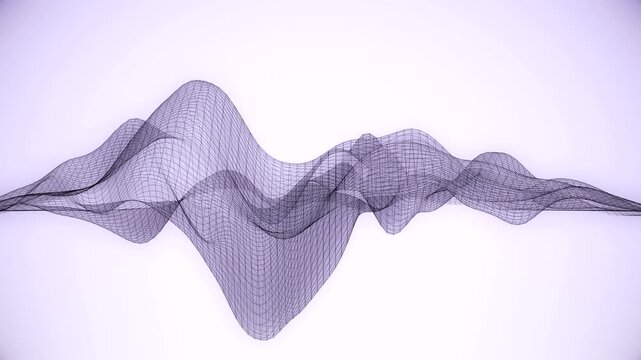Abstract digital sound wave visualization with a wireframe mesh structure moving on a clean light purple background