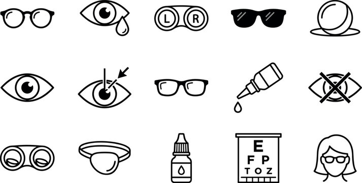Optometry and eye care outline icon vector set featuring eyeglasses, contact lenses, eyedrops, vision exam chart, laser surgery, and blindness symbols.