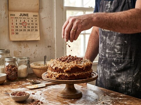 National German Chocolate Cake Day June 11 Baker Hands Sprinkling Pecans on Frosted Chocolate Cake Homemade Dessert Scene