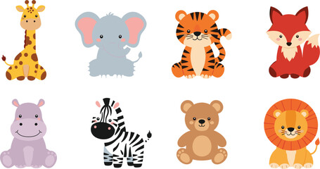 Obraz premium Cute Kawaii Baby Safari Animal Vector Icon Set Featuring Cartoon Giraffe Elephant Tiger Fox Hippo Zebra Bear and Lion Characters for Kids Design