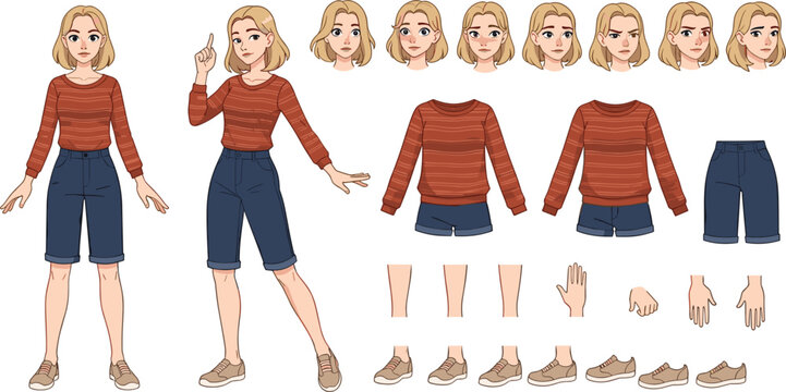 Blonde Anime Girl Character Construction Kit with Striped Sweater Outfit, Facial Expressions, and Body Parts for Vector Animation and Comic Design