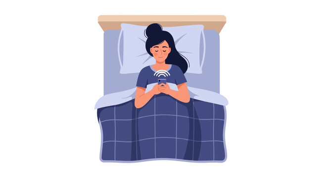 Young Woman Lying in Bed Using Smartphone Vector Illustration, Late Night Technology Use and Sleep Deprivation Concept