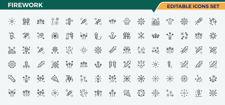 Firework linear icon set. Firecracker icon set. Collection for mobile and web apps. Pictograms of decoration, holiday, sparkle, party, explosion, fire, spark and more. Pixel perfect. Editable vector.