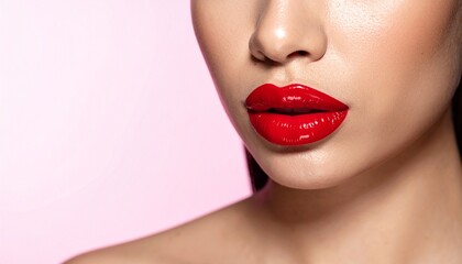 Fototapeta premium Close-up of a woman's face with vibrant glossy red lipstick and clear skin against a pink background.