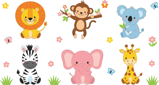 Cute Jungle Animal Character Set with Cartoon Lion Monkey Koala Zebra Pink Elephant Giraffe and Flowers for Kids Nursery Graphic Designs