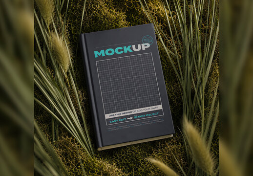 Hard Cover Book Mockup on Nature Plants Background