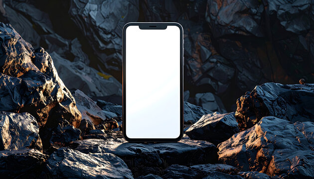 Modern smartphone with blank screen, pixelated background of rocky terrain and dramatic lighting, digital art mockup