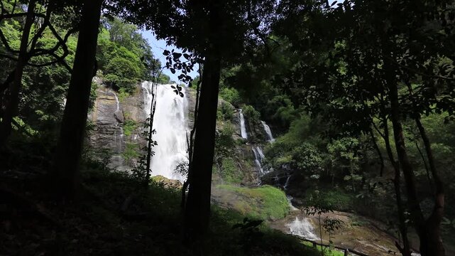 The natural video background of water flowing from high mountains, amidst various forests. The beauty of natural waterfalls is a habitat for various animals. It is worth preserving.