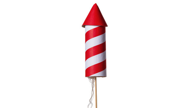 Red and white striped rocket with fuse, isolated on transparent background