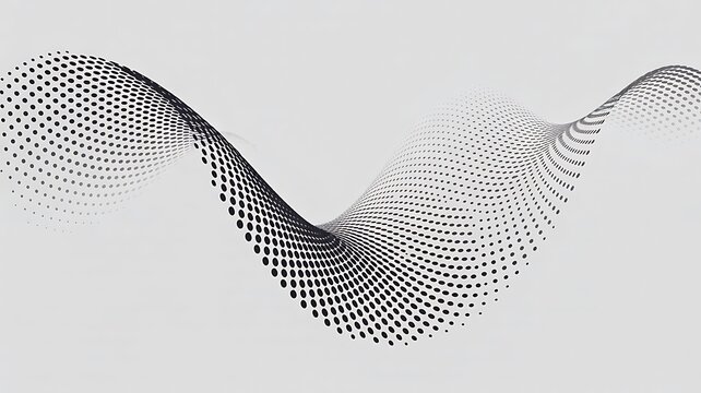 Abstract flowing wave pattern made of black dots on a clean white background with modern minimal design