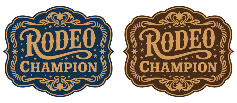 rodeo champion cowboy label style belt buckle, elite bull rider medal typographic emblem, ornate western vector design featuring premium ranking title, award distinction and heritage branding.