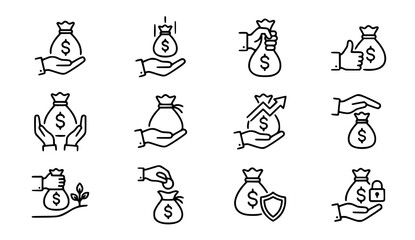 Fototapeta premium Money bag line icons financial growth security and investment concepts