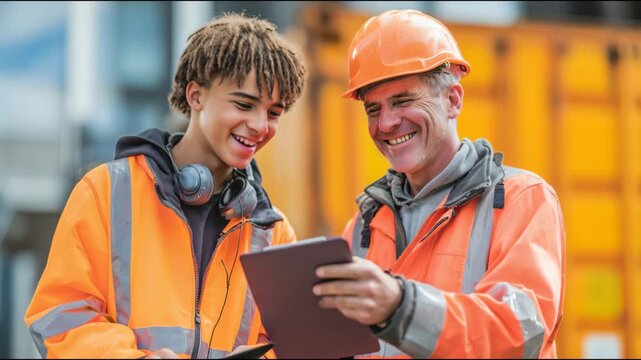 Experienced instructor training a young worker with a tablet at an industrial site