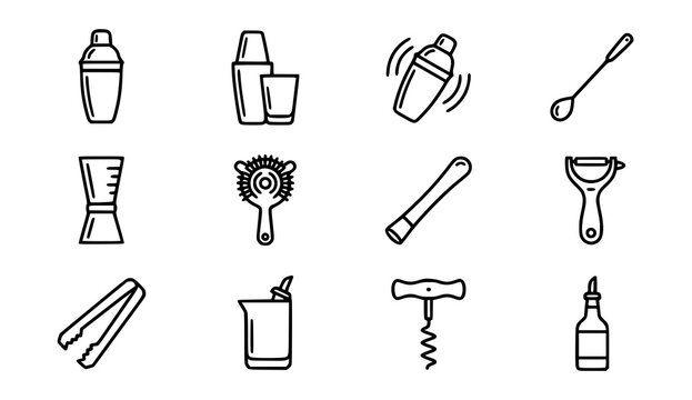 Bar tools and cocktail equipment line icons set