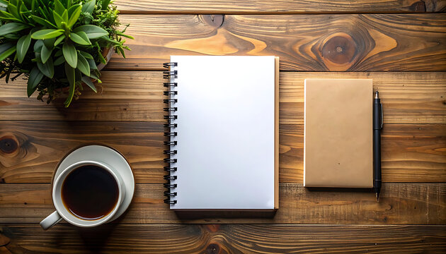 Overhead view of a rustic wooden desk with a potted green plant, a blank spiral notebook and a coffee cup, planning and note-taking setup