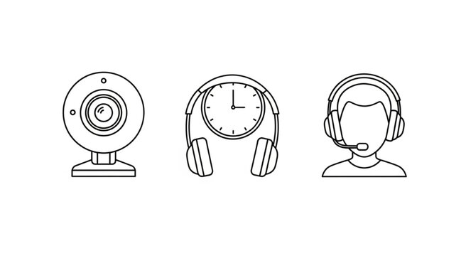 Illustration of web camera, headphones and headset.