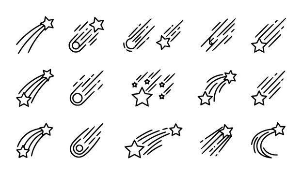 Shooting star icon set linear style celestial elements for design projects