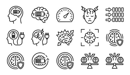 Fototapeta premium Mental health icons set stress energy and cognitive wellbeing