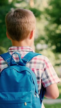 little boy child kid schoolboy student walks backpack school park, first grader walking, boy in checked shirt, discipline establishment walk, day scholar routine, determined student walking, sunny day
