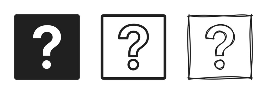Question Mark Icons Set: Black Solid, Outline, and Sketch Styles for Uncertainty, Inquiry, and Information