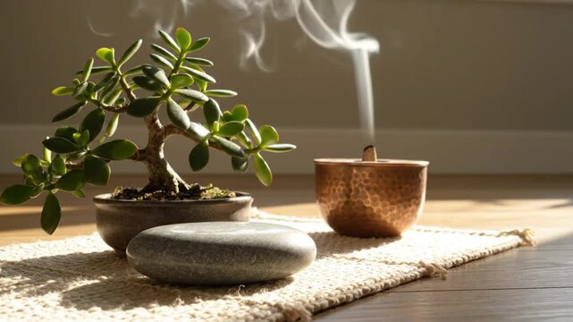 Serene still life scene with bonsai jade plant incense holder and smooth stone on woven mat