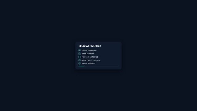 Medical Checklist User Interface Animation Progressively Completing Tasks and Displaying Verification