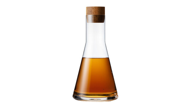 Clear glass flask with amber liquid and cork stopper, isolated on transparent background