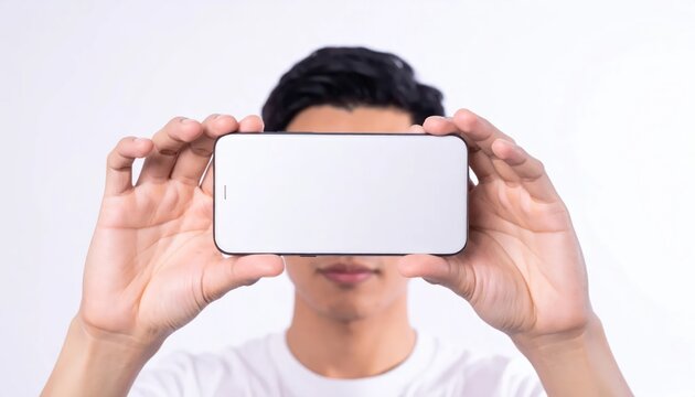 Man Holding Smartphone Covering Face White Background.