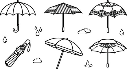 Umbrella weather protection accessory vector line art set with rainy parasol fold and lace design icons © Sabbir Studio