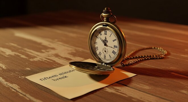 A vintage pocket watch resting on a wooden table beside a small note with the words fifteen minute break written on it to symbolize a short pause time.