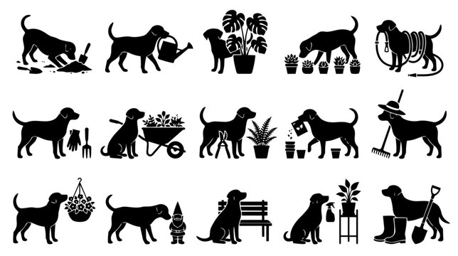 Dogs Gardening Silhouettes Set. Cute Pet Activities in Garden Vector Icons.