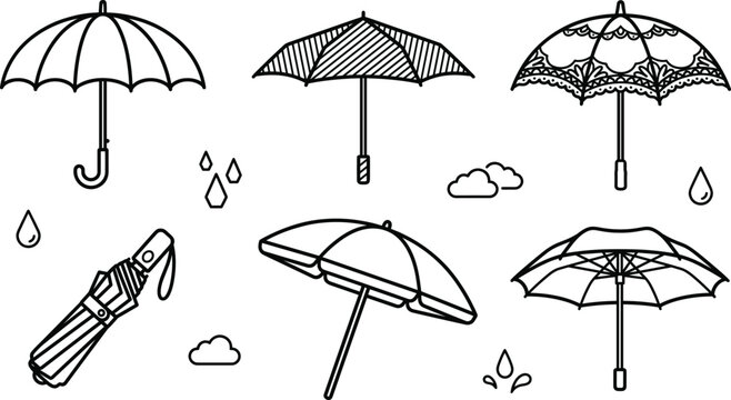 Umbrella weather protection accessory vector line art set with rainy parasol fold and lace design icons